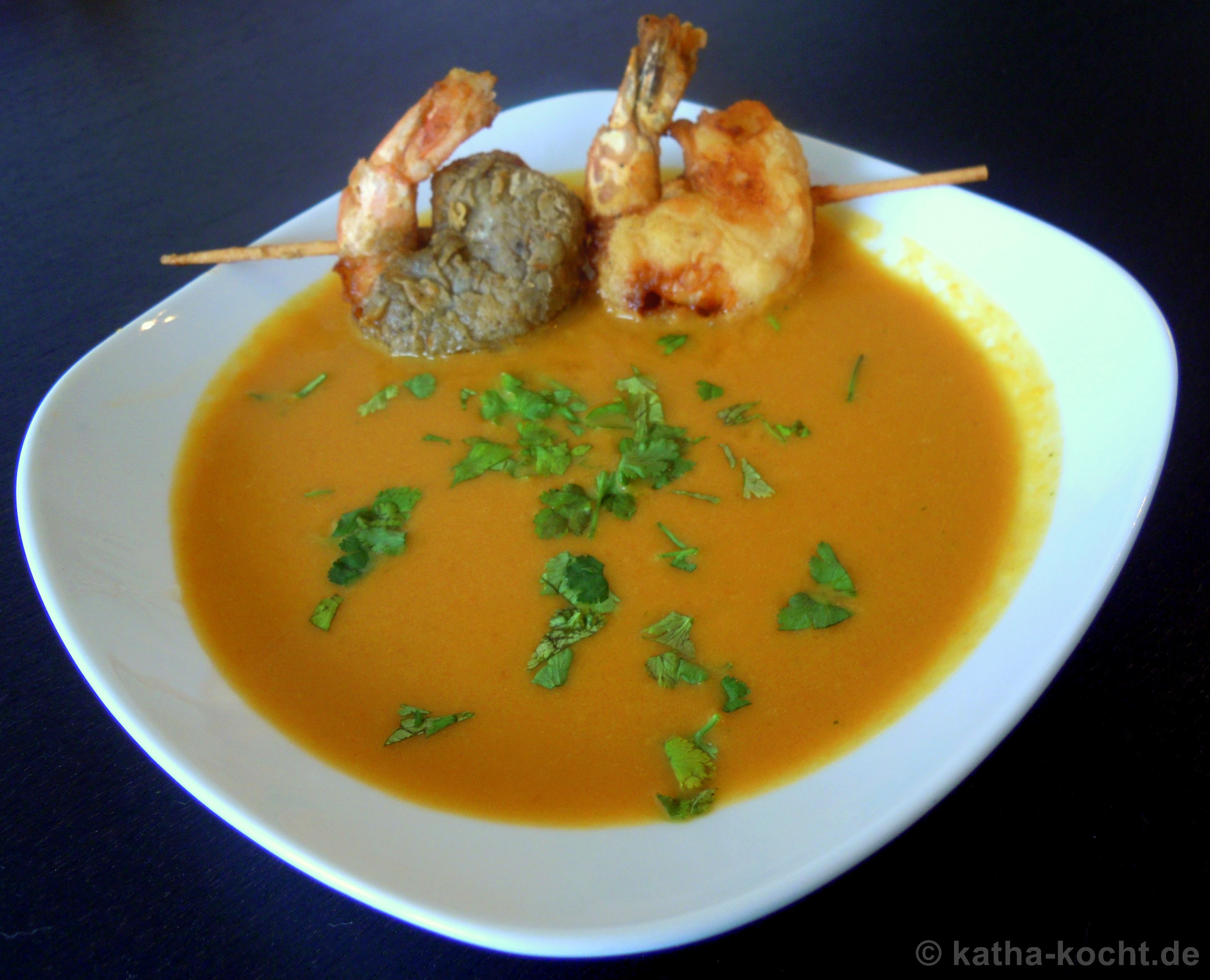 Karotten Kokos Suppe Mit Koriander Und Garnelenspiess Katha Kocht