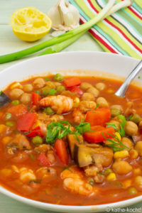 Kichererbseneintopf mit Garnelen und Aubergine