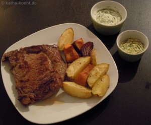 Entrecôte mit Kürbis-Kartoffelspalten Entrecôte mit Kürbis-Kartoffelspalten