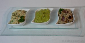 Triologie orientalischer Dips mit Kichererbsen, Avocado und Aubergine